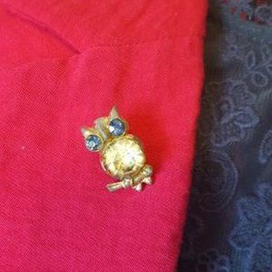 Vintage Owl Pin/Brooch Rhinestone & Blue Gems